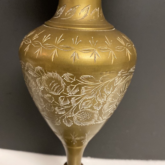 Brass Round Upright Vase Floral Etching’s India Table Top 10”H - Picture 5 of 12